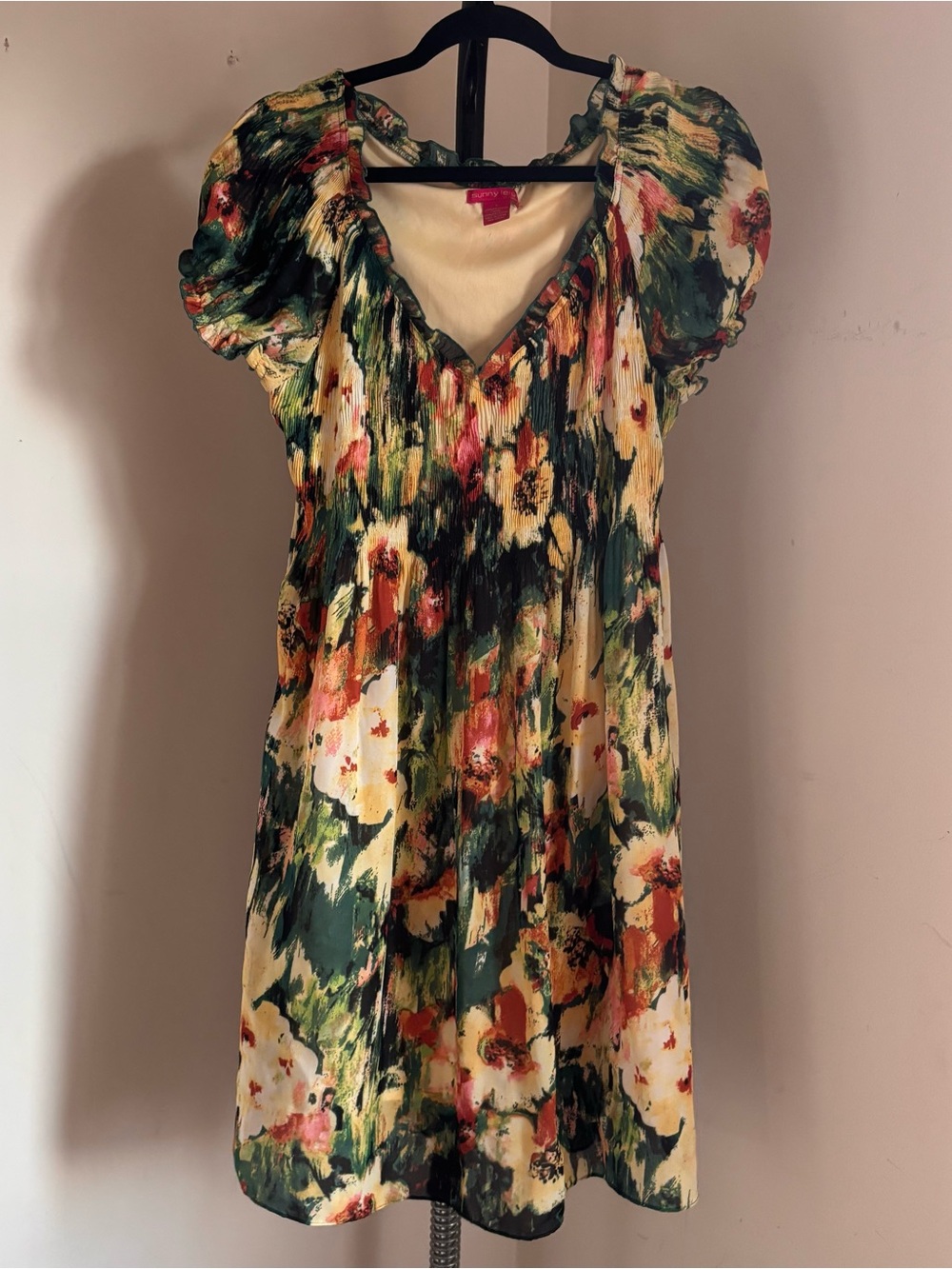 Sunny Leigh Green Floral V-Neck Dress with Cream & Rust Accents